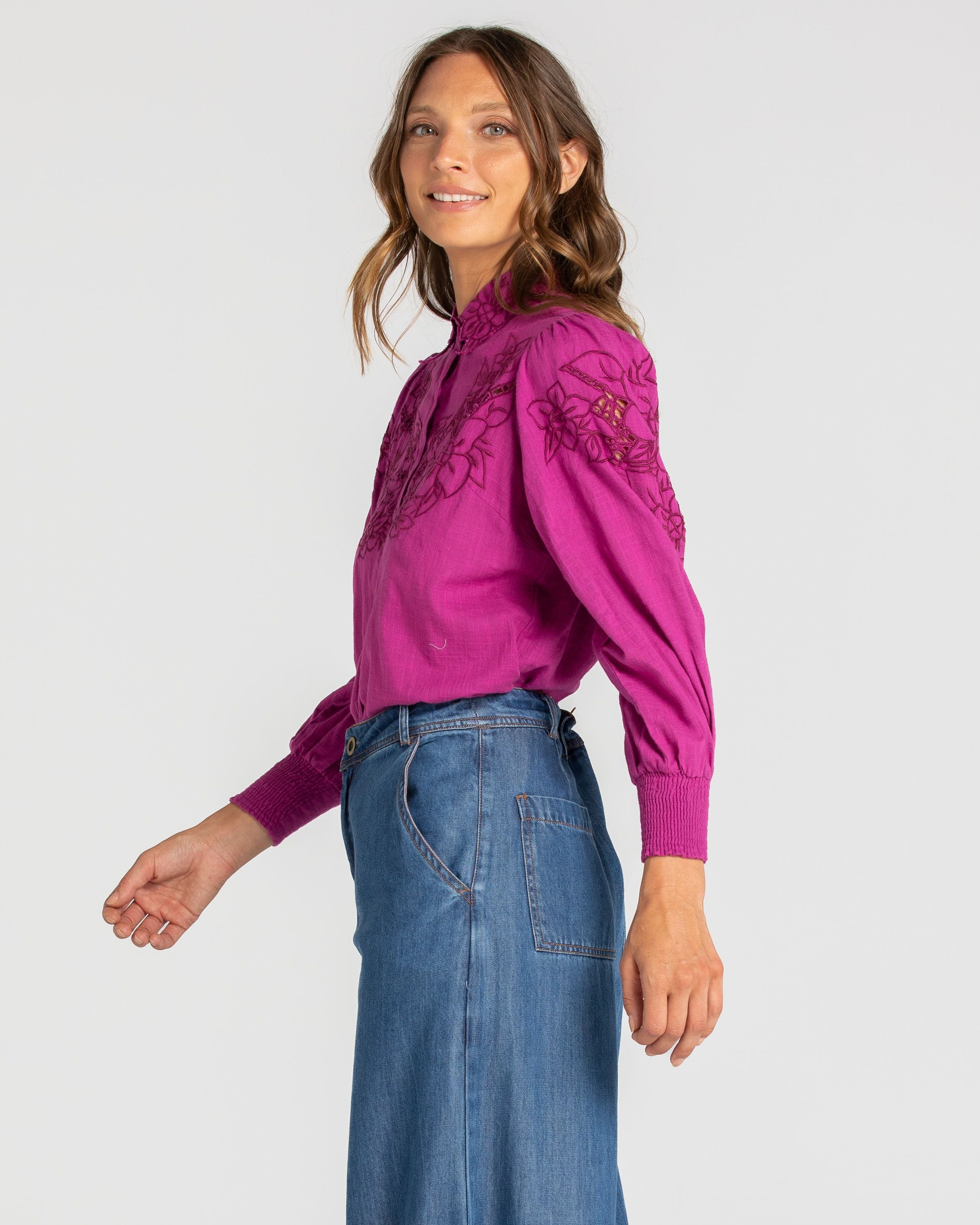 Clementine Embroidered Top- Magenta