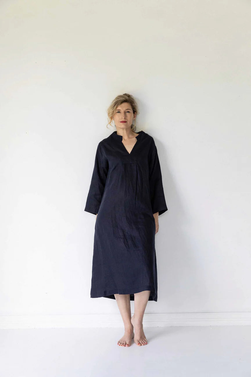 Emma Linen Dress- Dark Navy