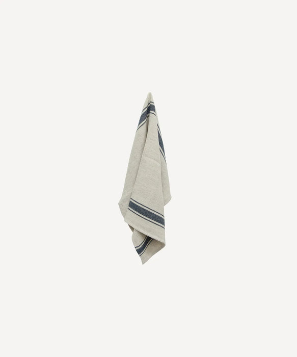 French Country Natural Linen Tea Towel with Navy Stripe