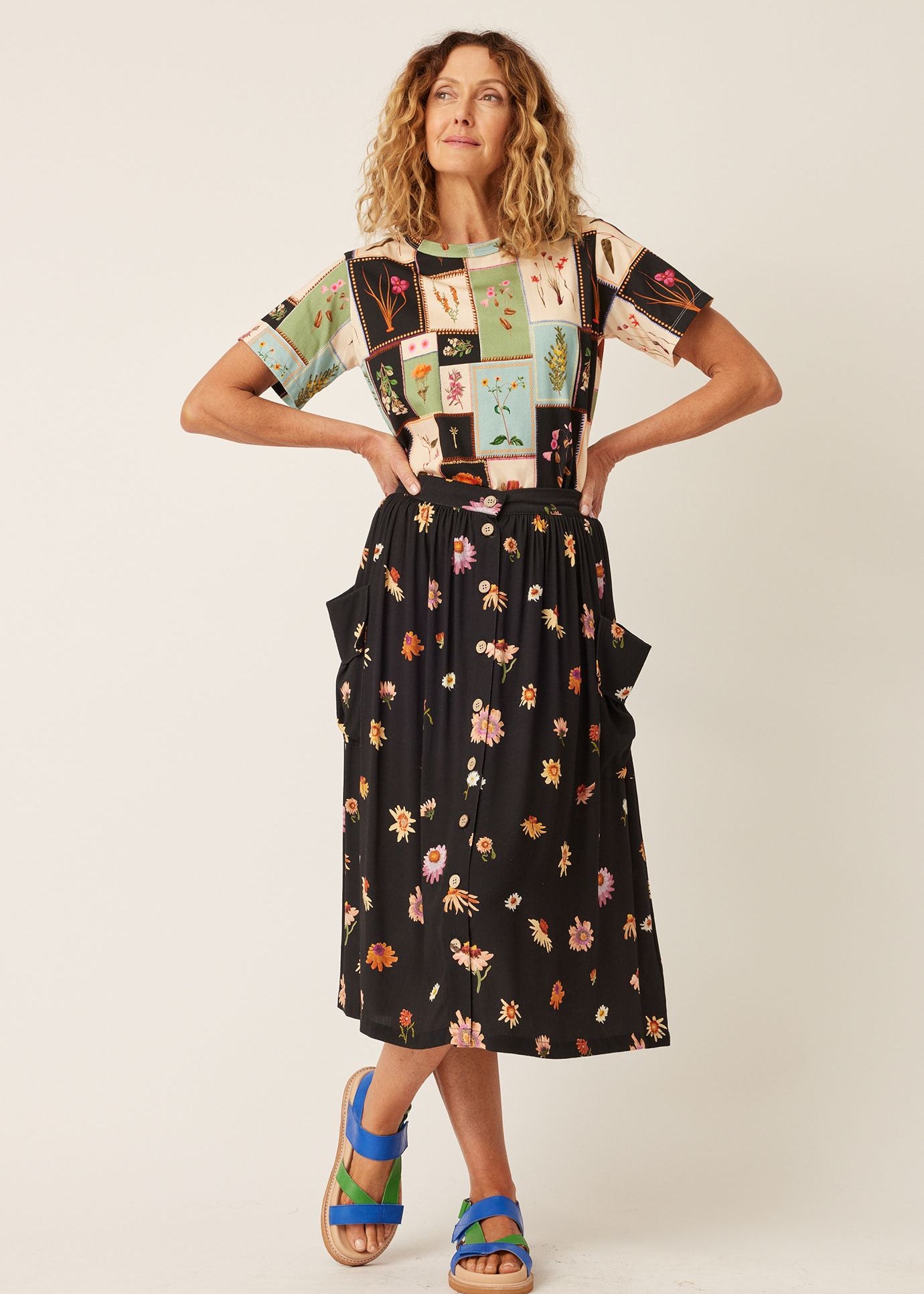 Nancybird Adi Button Skirt Paper Daisy Black