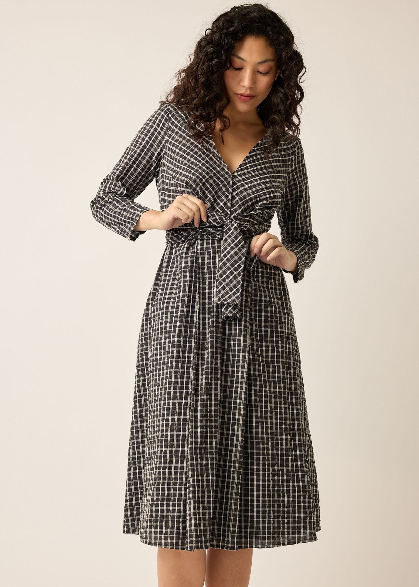 Nancybird Lily Wrap Tie Dress in Smoky Check