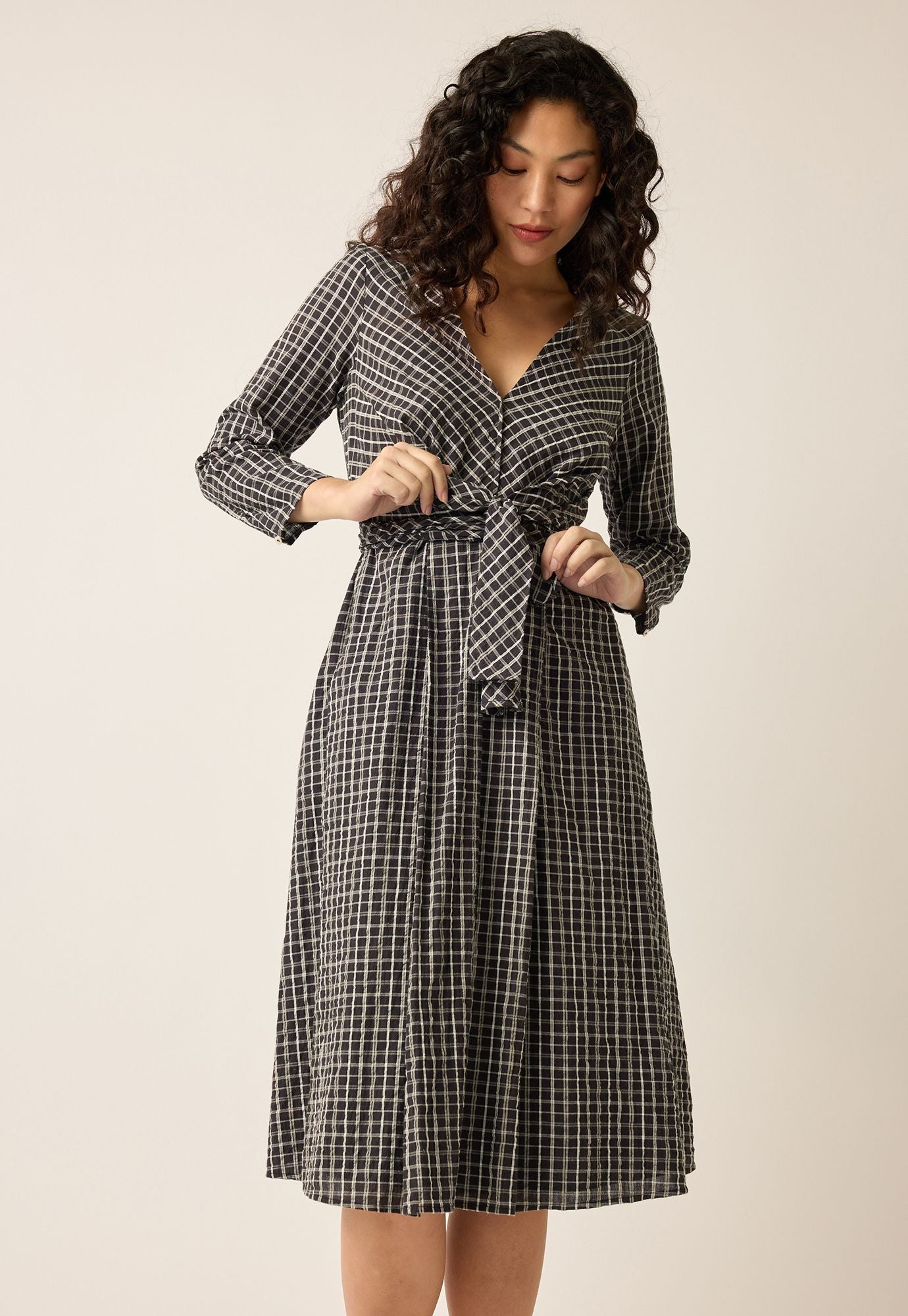 Nancybird Lily Wrap Tie Dress in Smoky Check