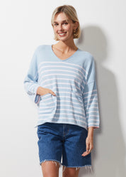 Zaket & Plover Breton Stripe V Knit in Sky