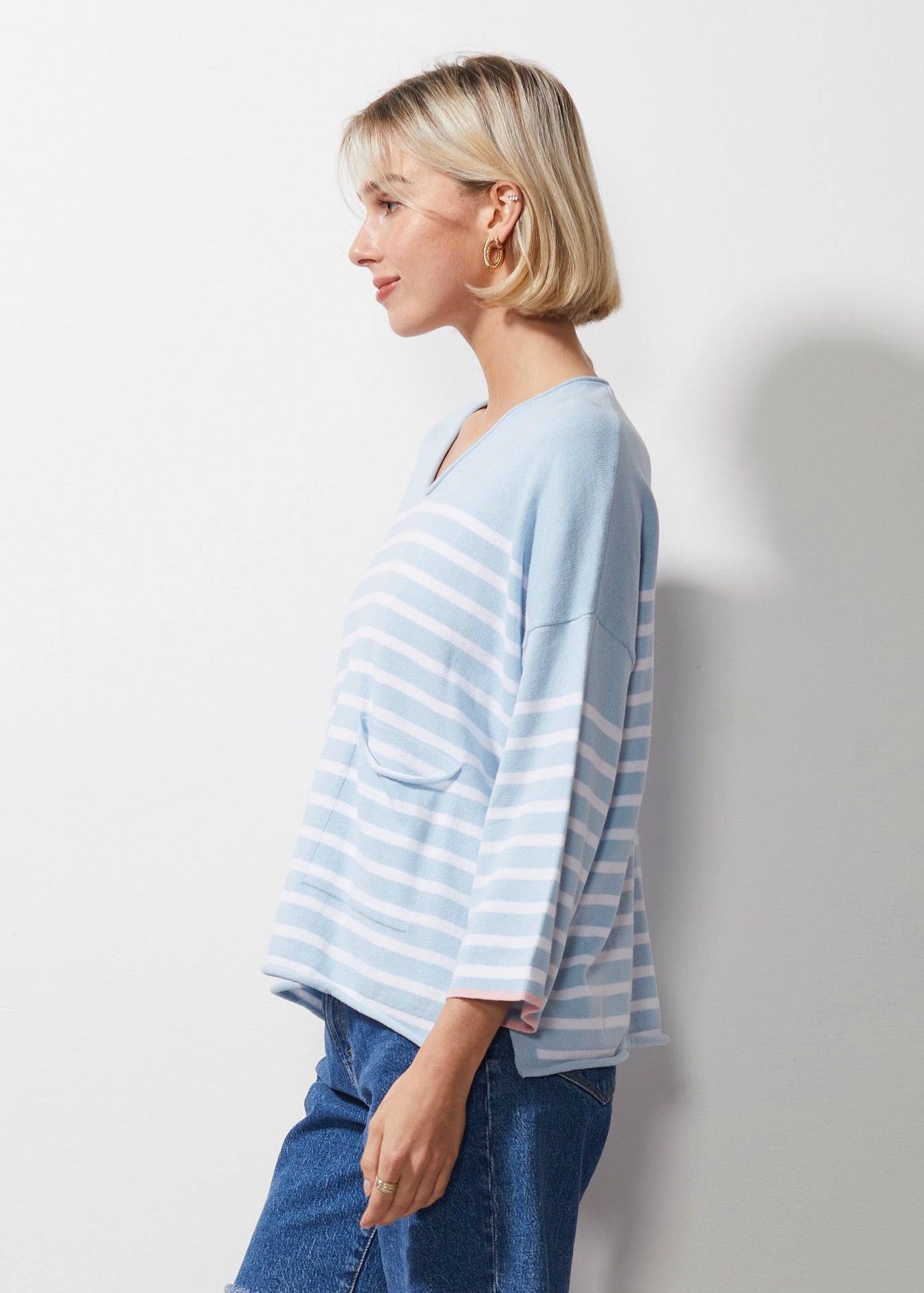 Breton Stripe V Knit- Sky