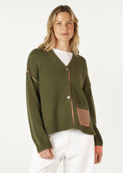 Birdseye Pocket Cardigan- Olive