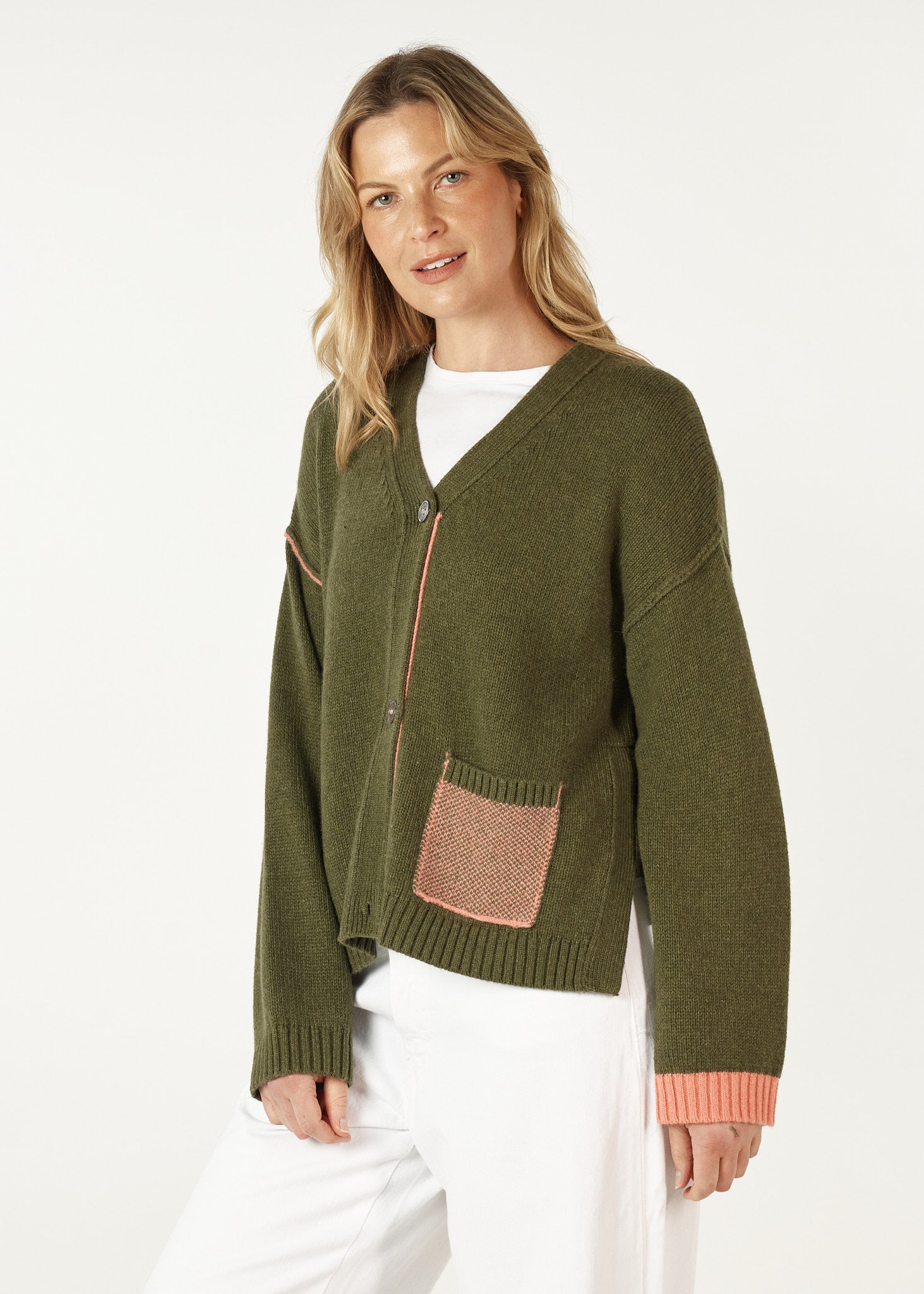 Birdseye Pocket Cardigan- Olive