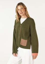 Birdseye Pocket Cardigan- Olive