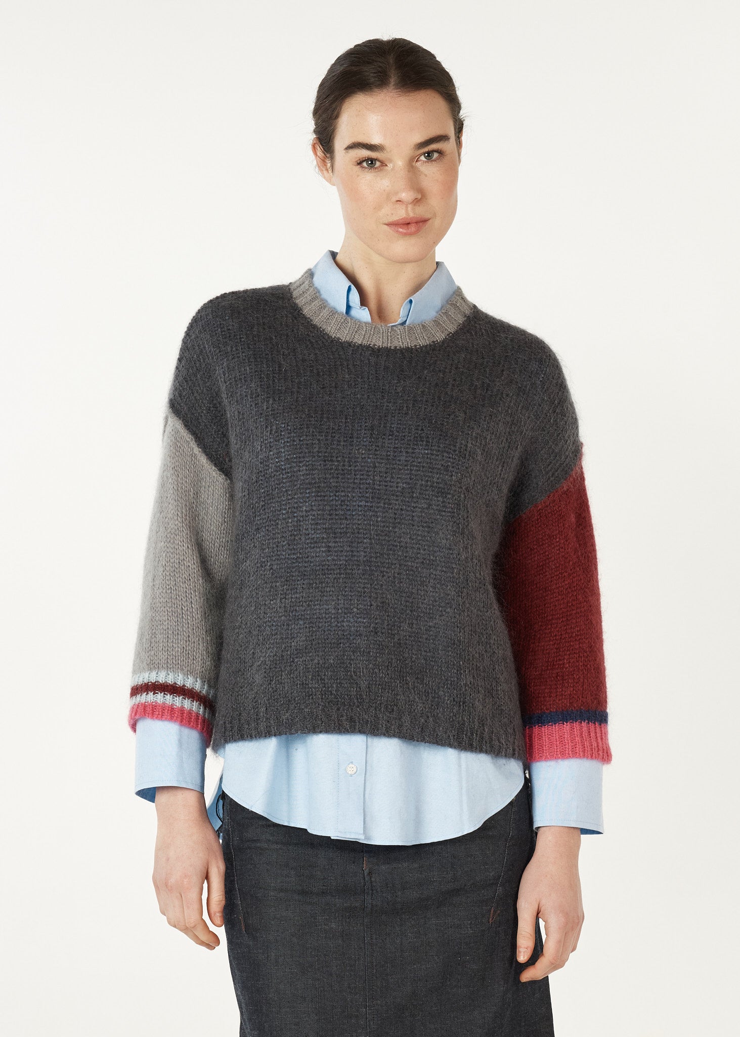 Mohair Colour Block Jumper- Charcoal